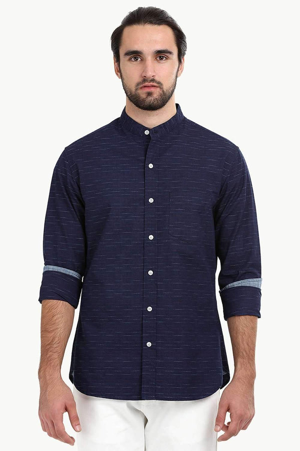 Men's Slub Navy Mandarin Shirt