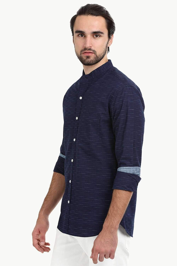 Men's Slub Navy Mandarin Shirt