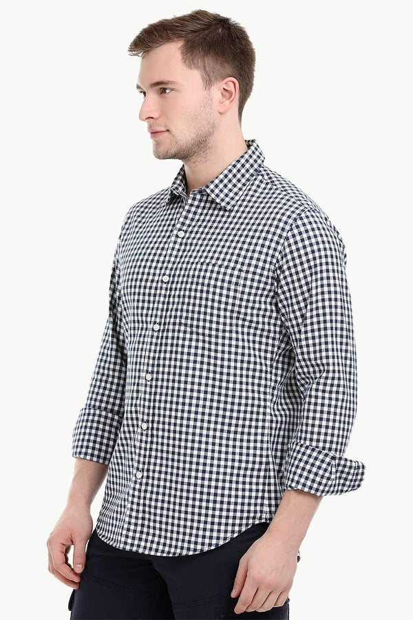 Men's Long Sleeve Navy Gingham Check Shirt