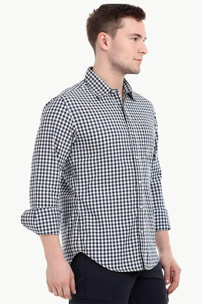 Men's Long Sleeve Navy Gingham Check Shirt