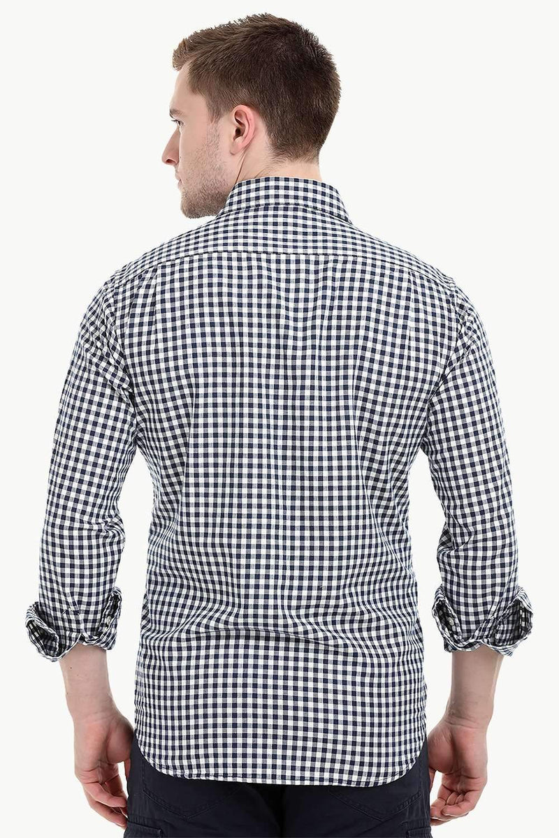 Men's Long Sleeve Navy Gingham Check Shirt