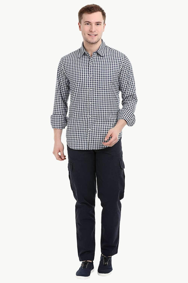 Men's Long Sleeve Navy Gingham Check Shirt