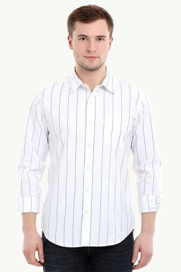 Men's Long Sleeve White Stripe Print Shirt