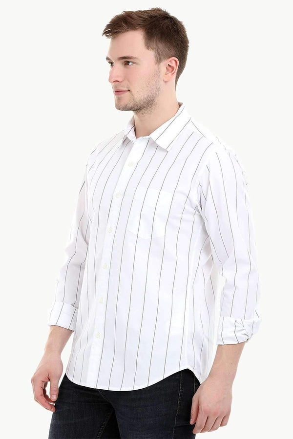 Men's Long Sleeve White Stripe Print Shirt