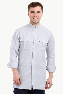 Men's Nehru Collar Short Linen Grey Kurta