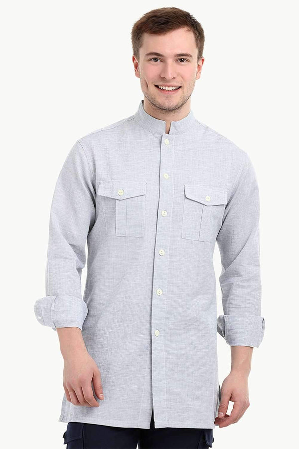 Men's Nehru Collar Short Linen Grey Kurta