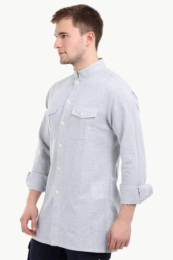 Men's Nehru Collar Short Linen Grey Kurta