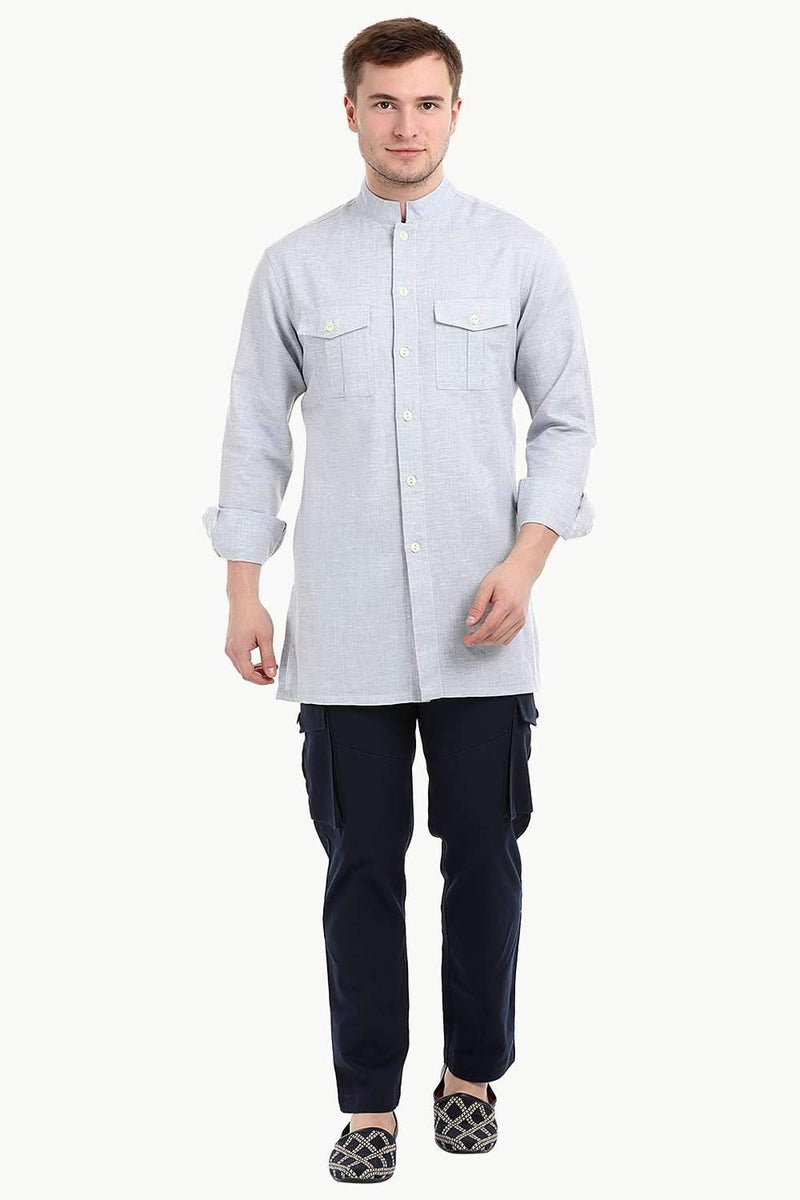 Men's Nehru Collar Short Linen Grey Kurta