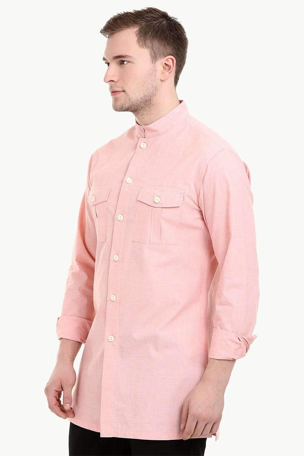 Men's Nehru Collar Short Linen Baby Pink Kurta