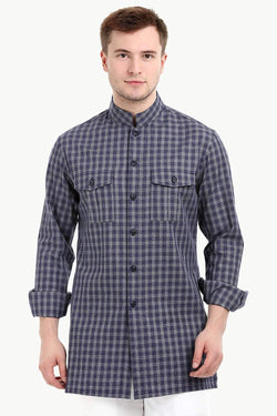 Men's Nehru Collar Short Woven Check Kurta