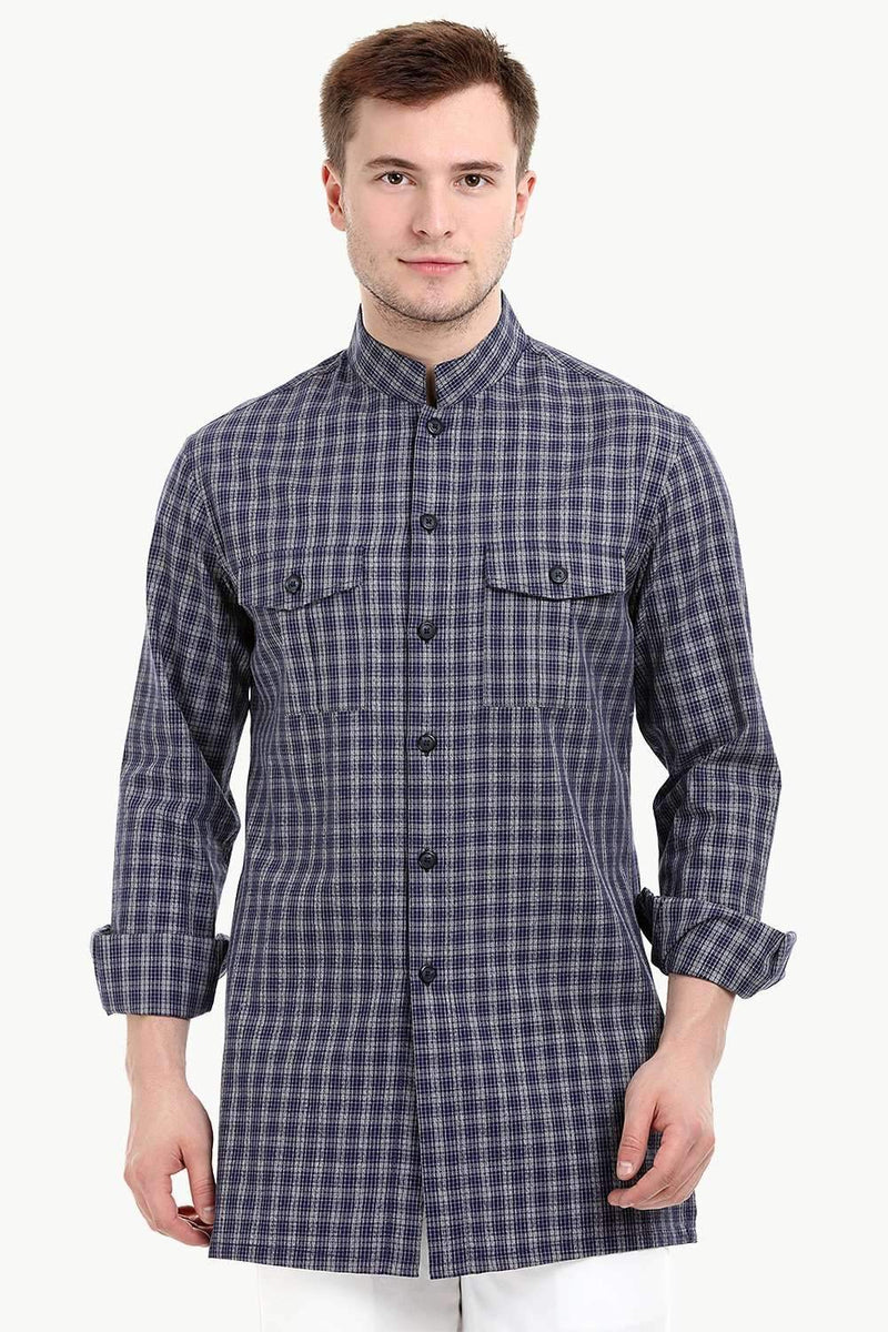 Men's Nehru Collar Short Woven Check Kurta