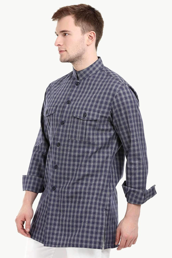 Men's Nehru Collar Short Woven Check Kurta