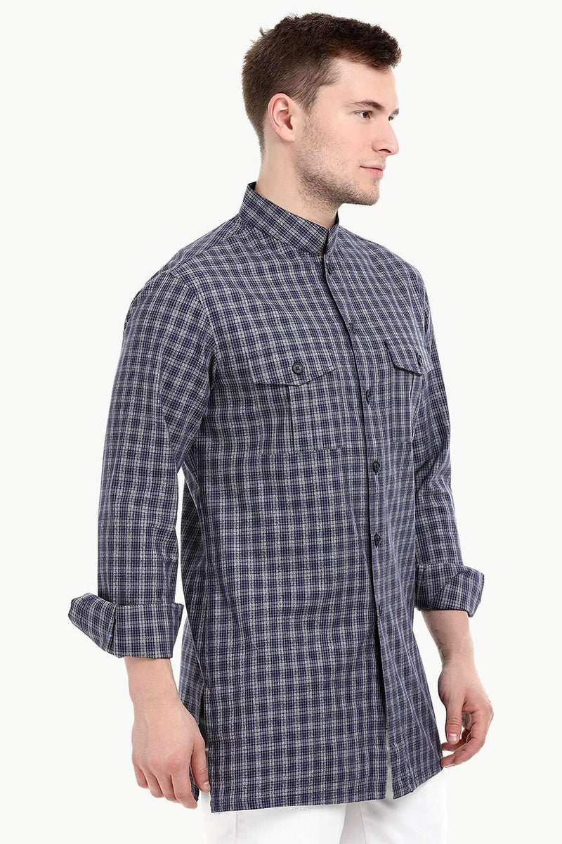 Men's Nehru Collar Short Woven Check Kurta