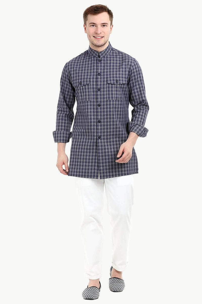 Men's Nehru Collar Short Woven Check Kurta