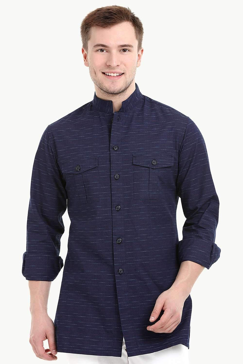 Men's Nehru Collar Short Indigo Ikat Kurta