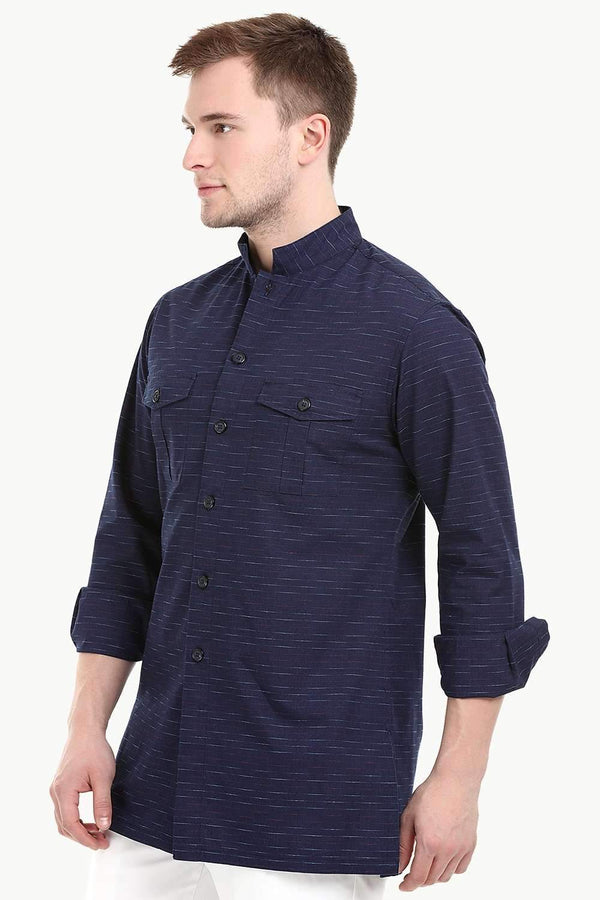 Men's Nehru Collar Short Indigo Ikat Kurta