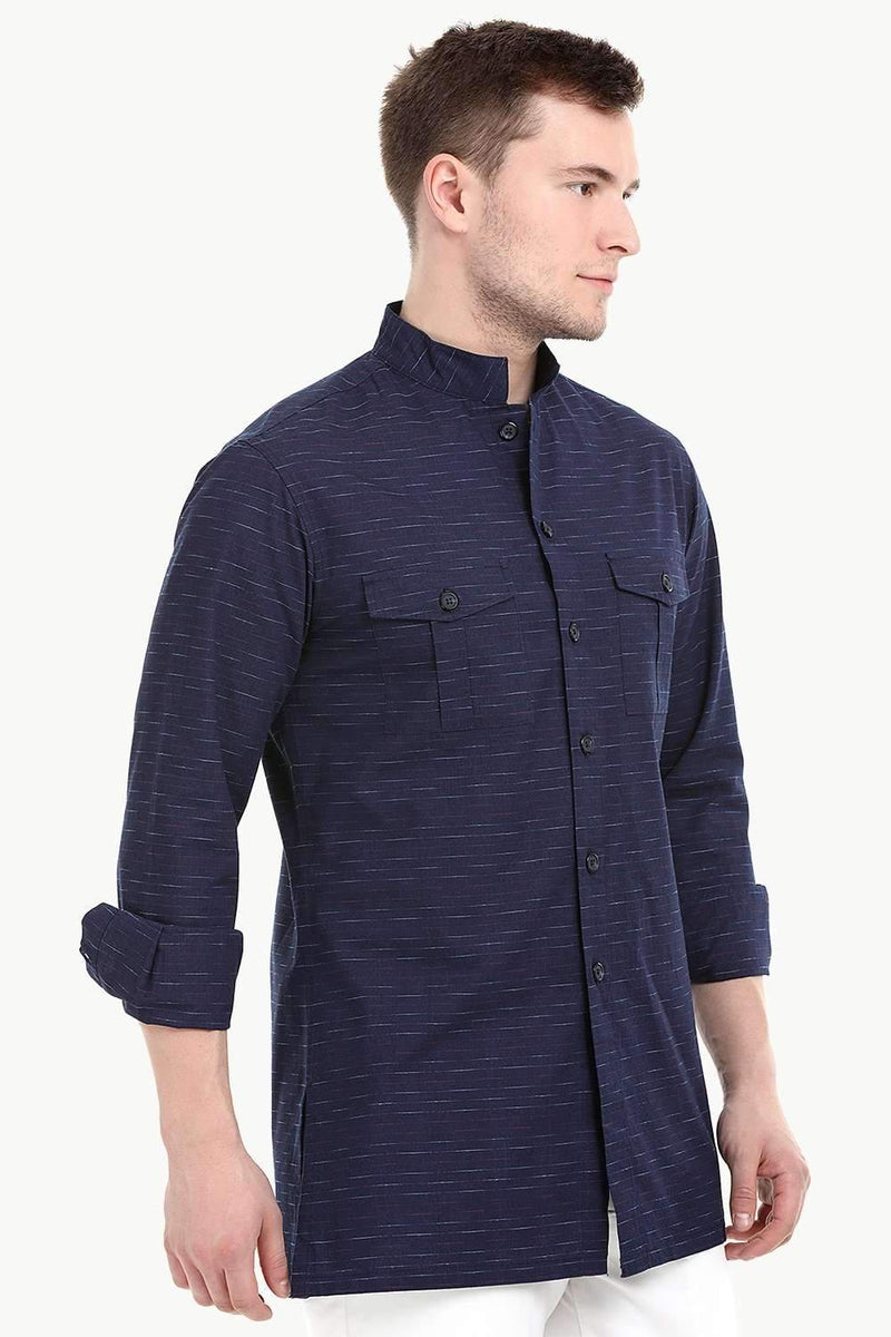 Men's Nehru Collar Short Indigo Ikat Kurta