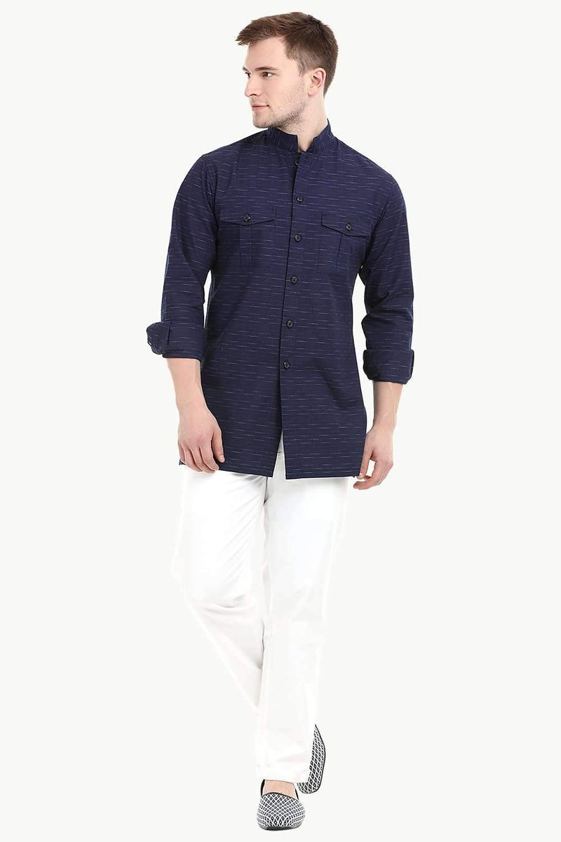 Men's Nehru Collar Short Indigo Ikat Kurta