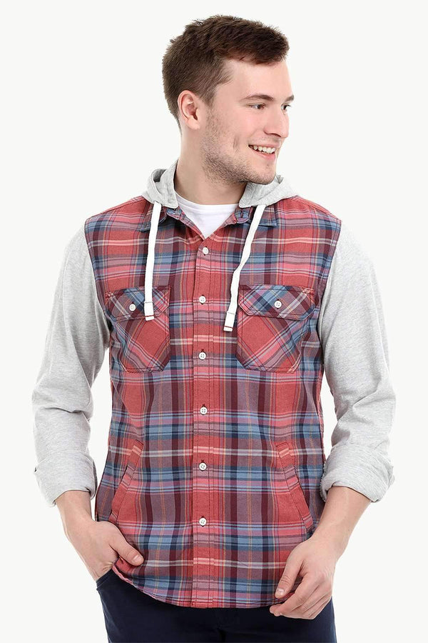 Men's Knit Sleeves Hooded Tartan Shirt