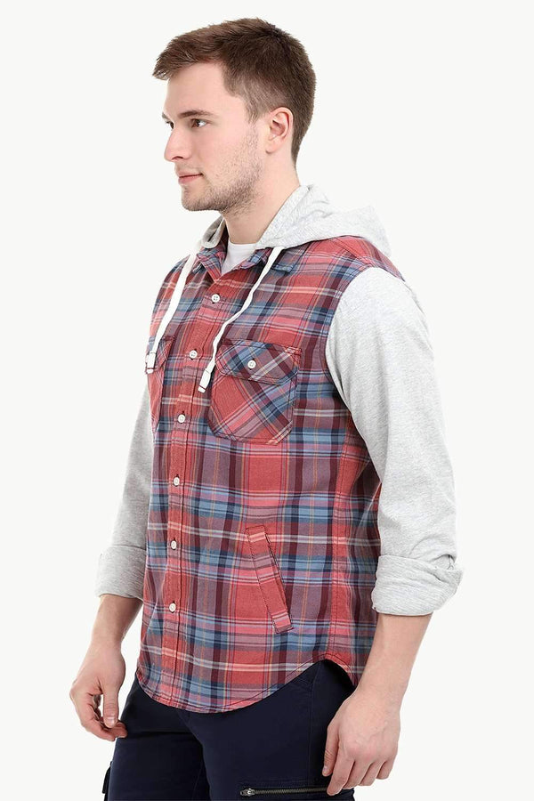 Men's Knit Sleeves Hooded Tartan Shirt