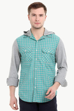 Men's Knit Sleeves Hooded Gingham Shirt