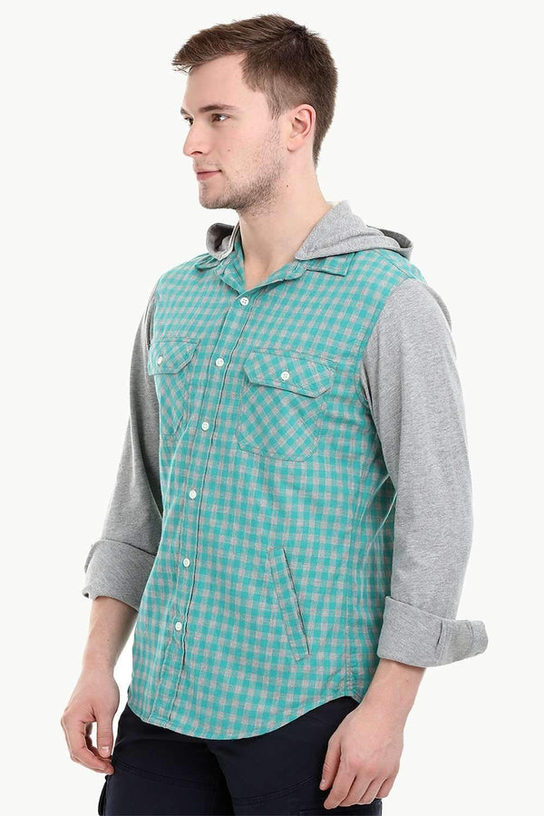 Men's Knit Sleeves Hooded Gingham Shirt