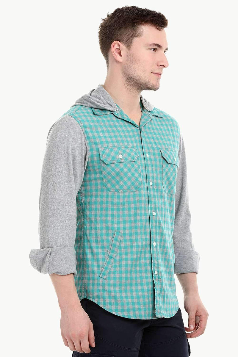 Men's Knit Sleeves Hooded Gingham Shirt