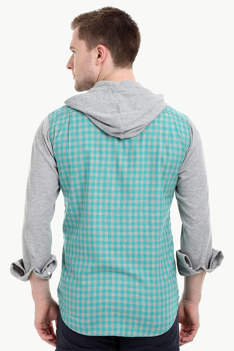 Men's Knit Sleeves Hooded Gingham Shirt