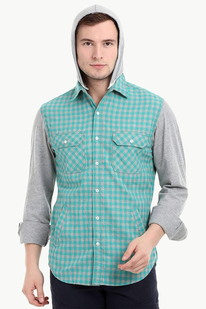 Men's Knit Sleeves Hooded Gingham Shirt