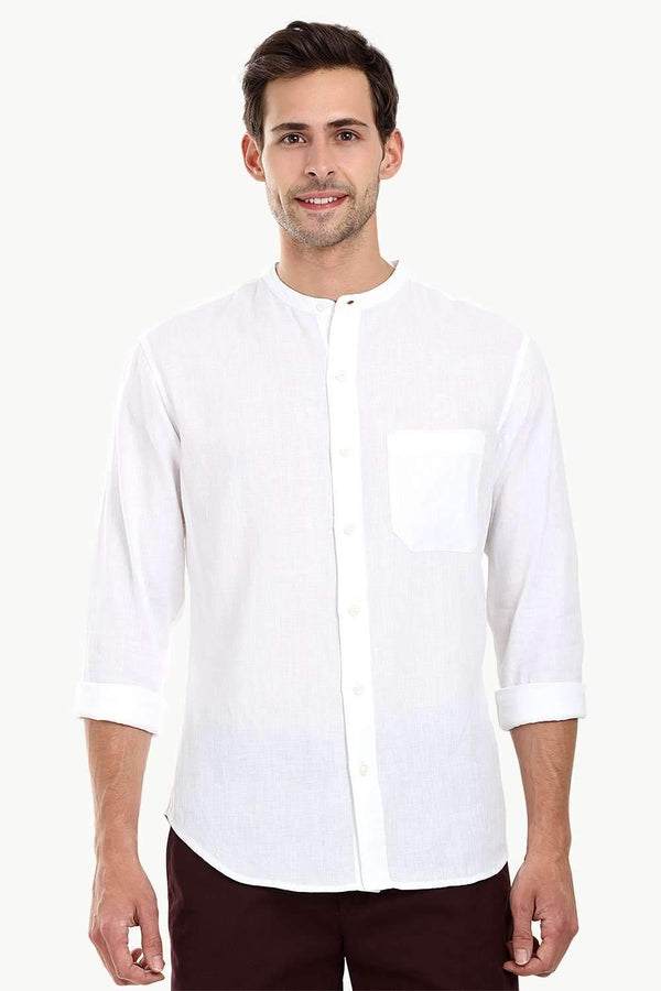 Mandarin Collar White Linen Shirt