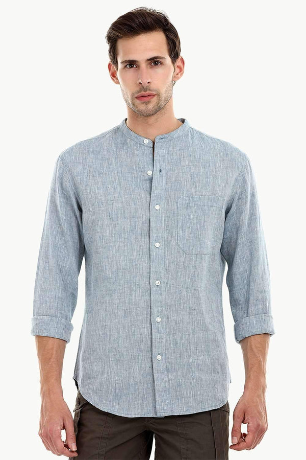 Mandarin Collar Indigo Linen Shirt