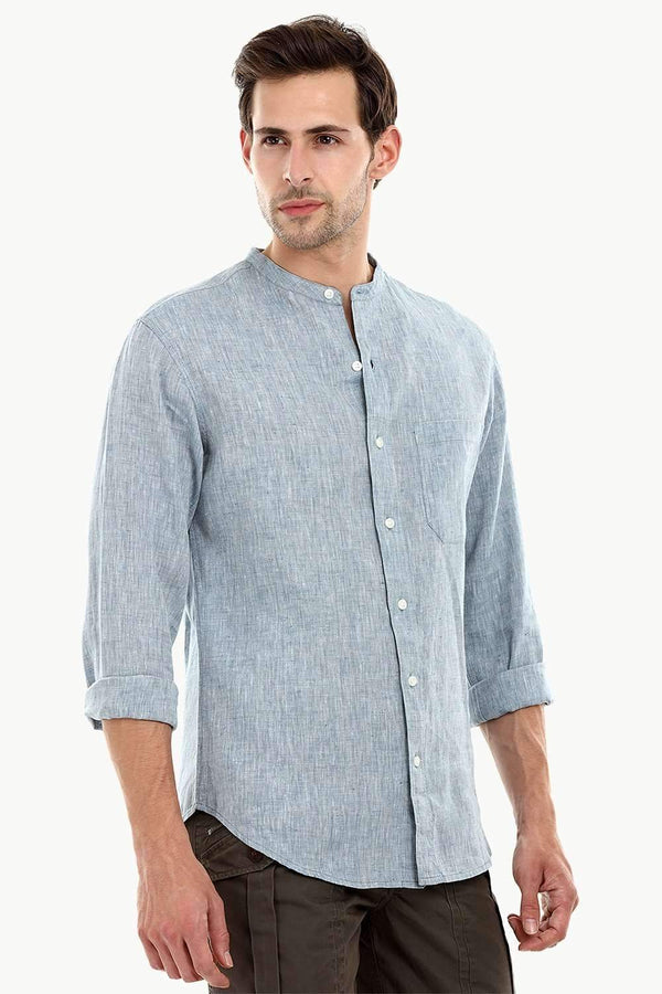 Mandarin Collar Indigo Linen Shirt