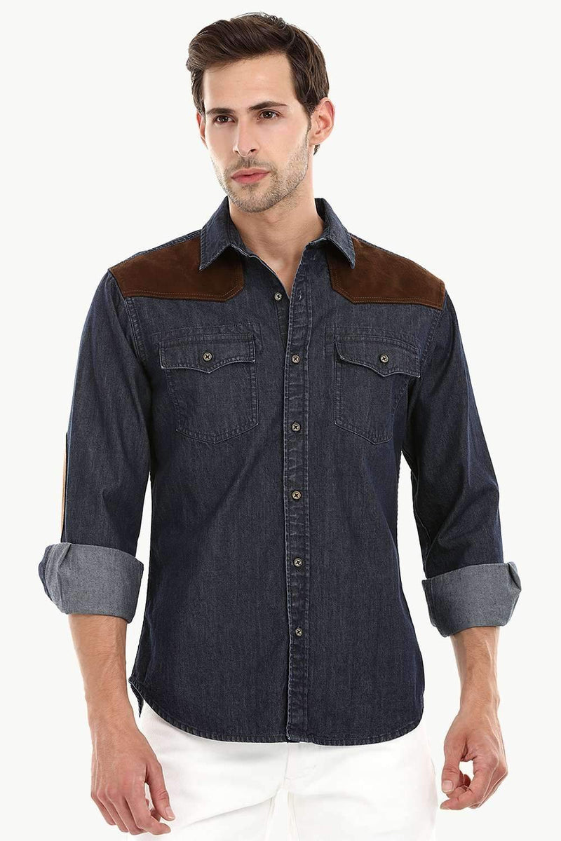 Casual Suede Patch Denim Shirt