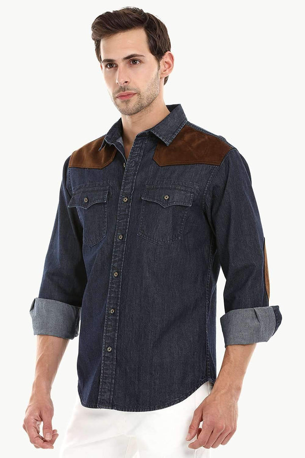 Casual Suede Patch Denim Shirt