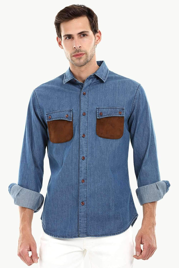 Casual Suede Patch Pocket Denim Shirt