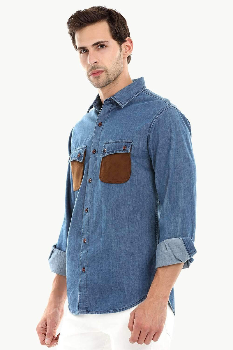 Casual Suede Patch Pocket Denim Shirt