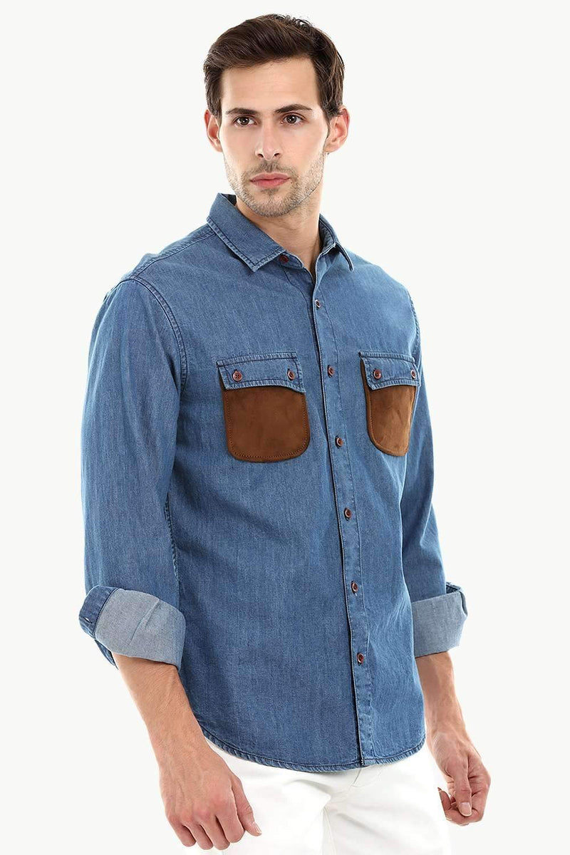 Casual Suede Patch Pocket Denim Shirt