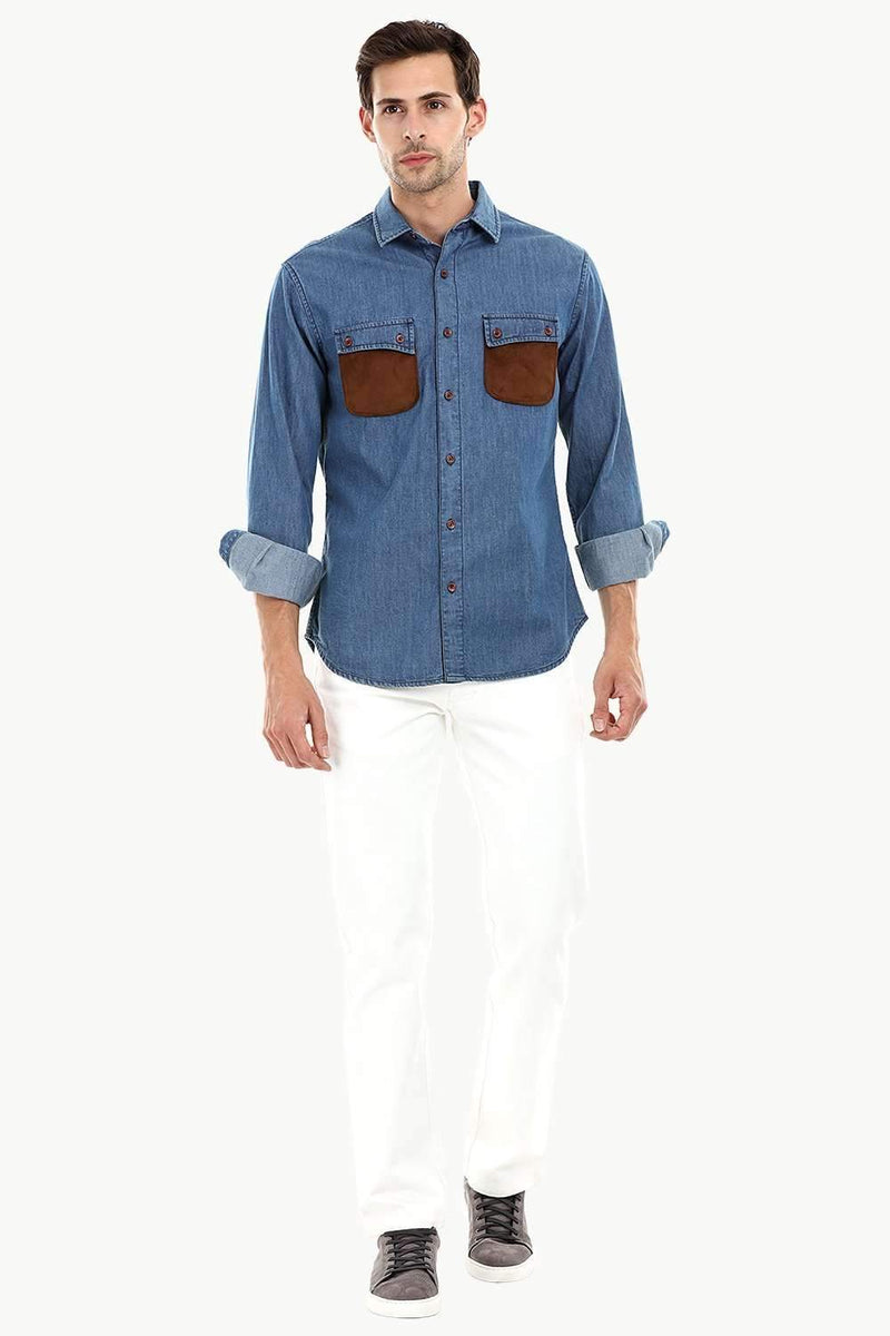 Casual Suede Patch Pocket Denim Shirt