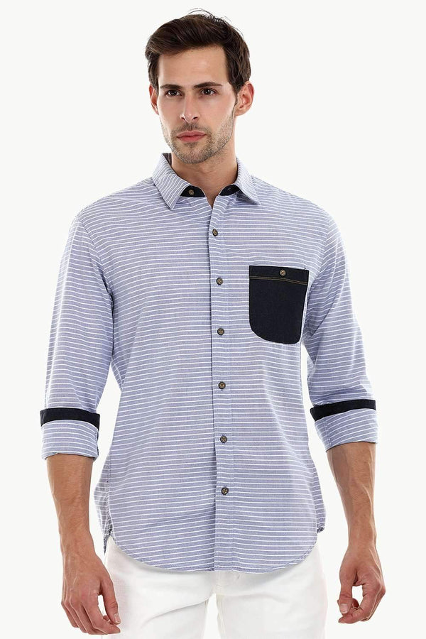 Men's Casual Denim Patched Stripe Shirt