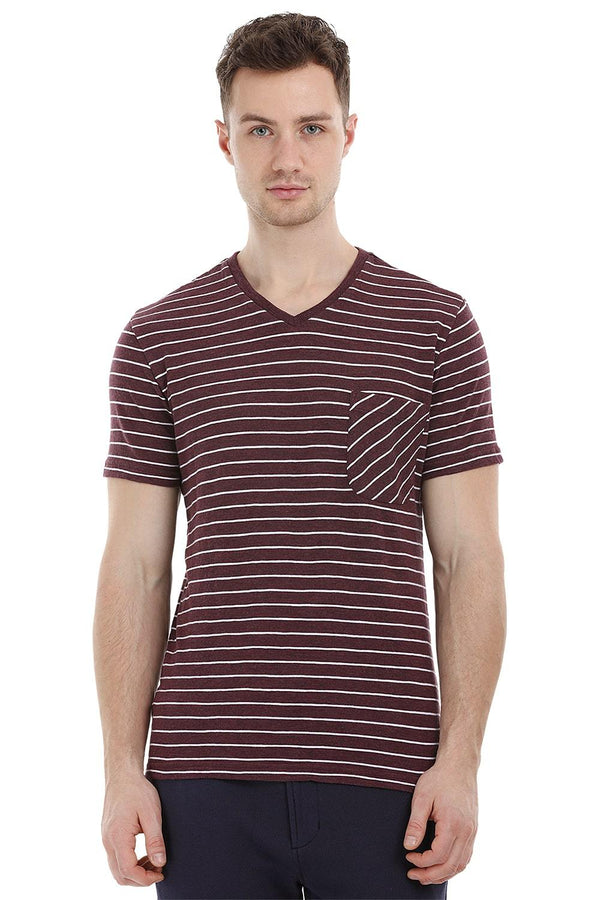 StripeV-Neck Maroon T-Shirt