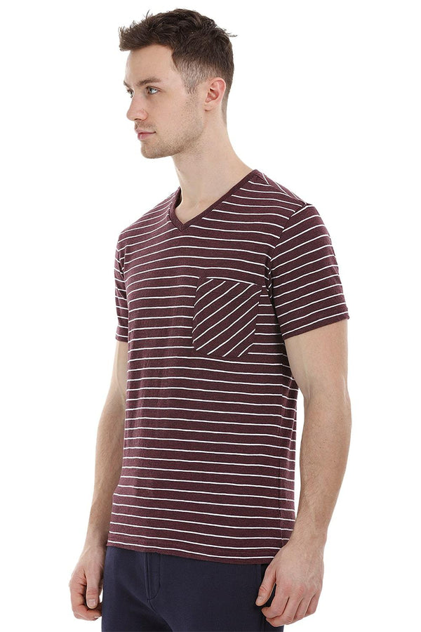 StripeV-Neck Maroon T-Shirt