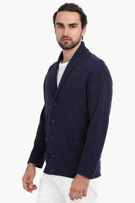 Waffle Navy Shawl Collar Cardigan