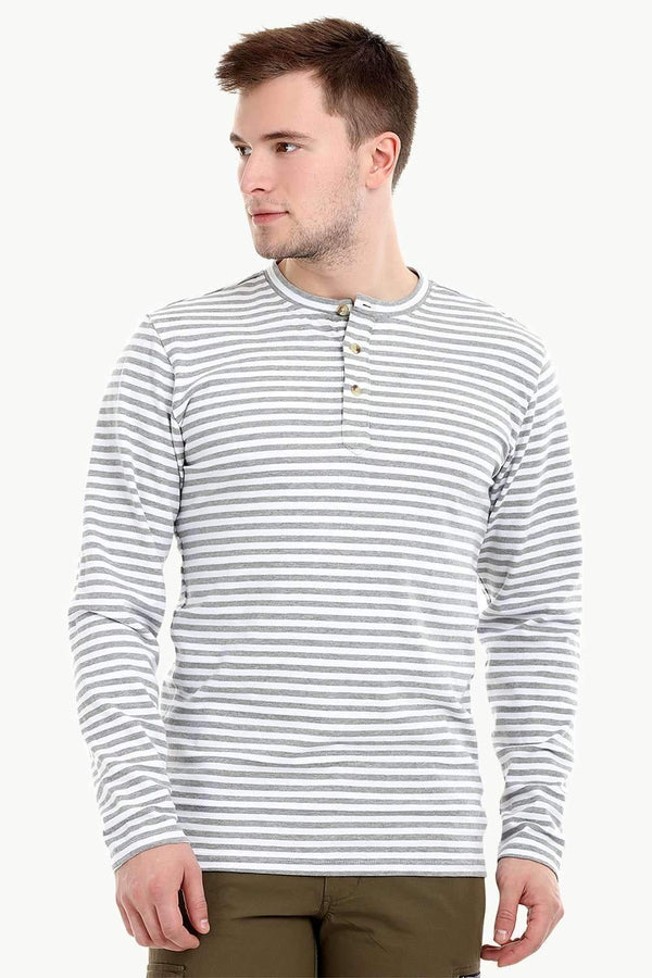 Men's Knit White/Grey Stripe Henley Sweatshirt