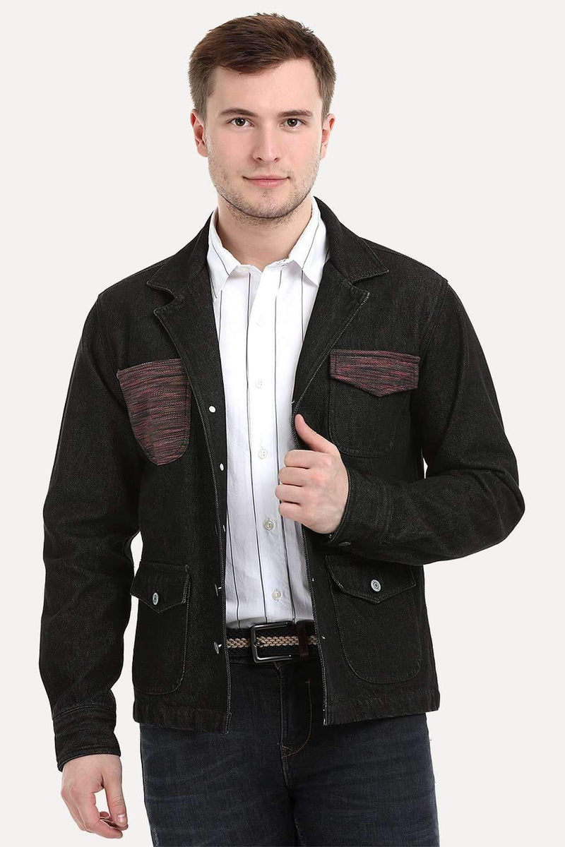 Men's Dark Wash Black Denim Lapel Jacket