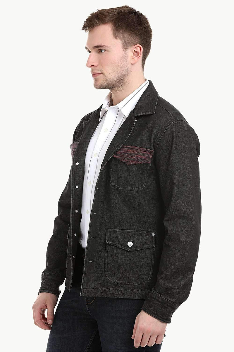 Men's Dark Wash Black Denim Lapel Jacket