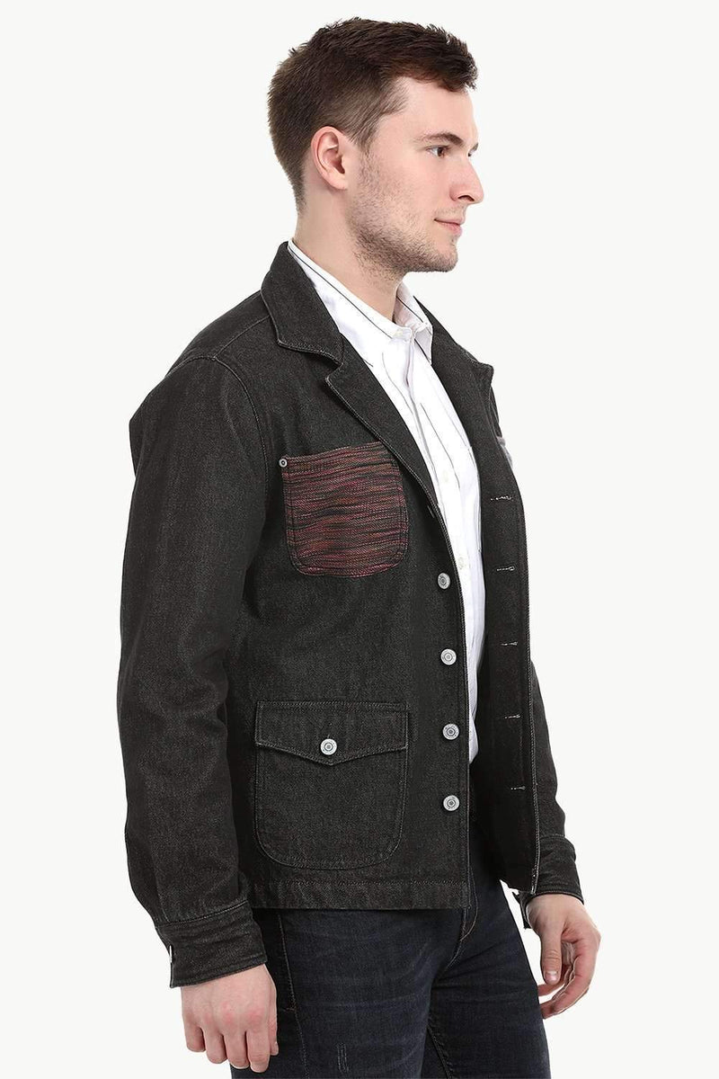 Men's Dark Wash Black Denim Lapel Jacket