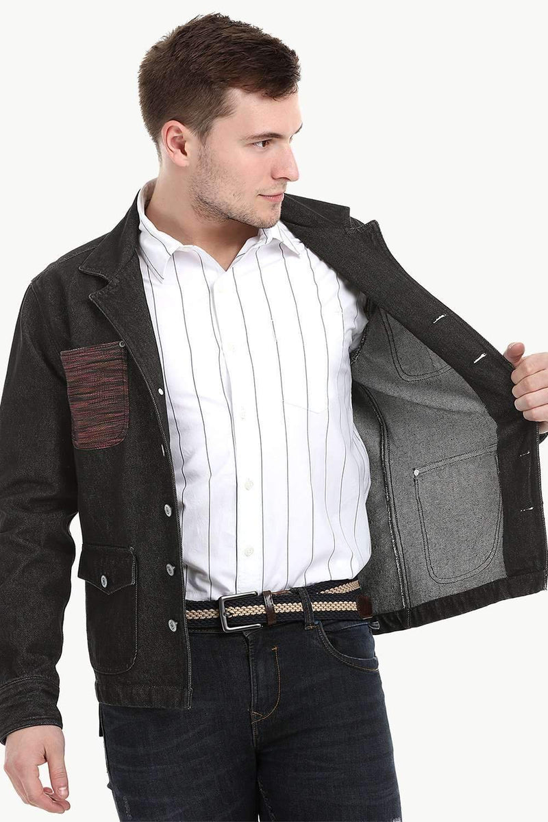 Men's Dark Wash Black Denim Lapel Jacket