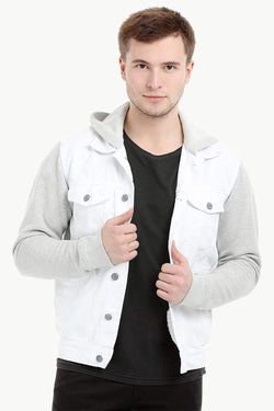 Men's Knit Sleeves Twill Denim Hood Jacket