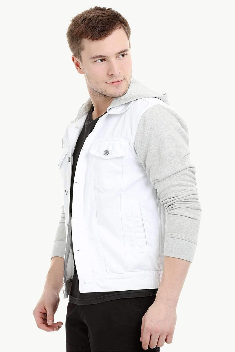 Men's Knit Sleeves Twill Denim Hood Jacket