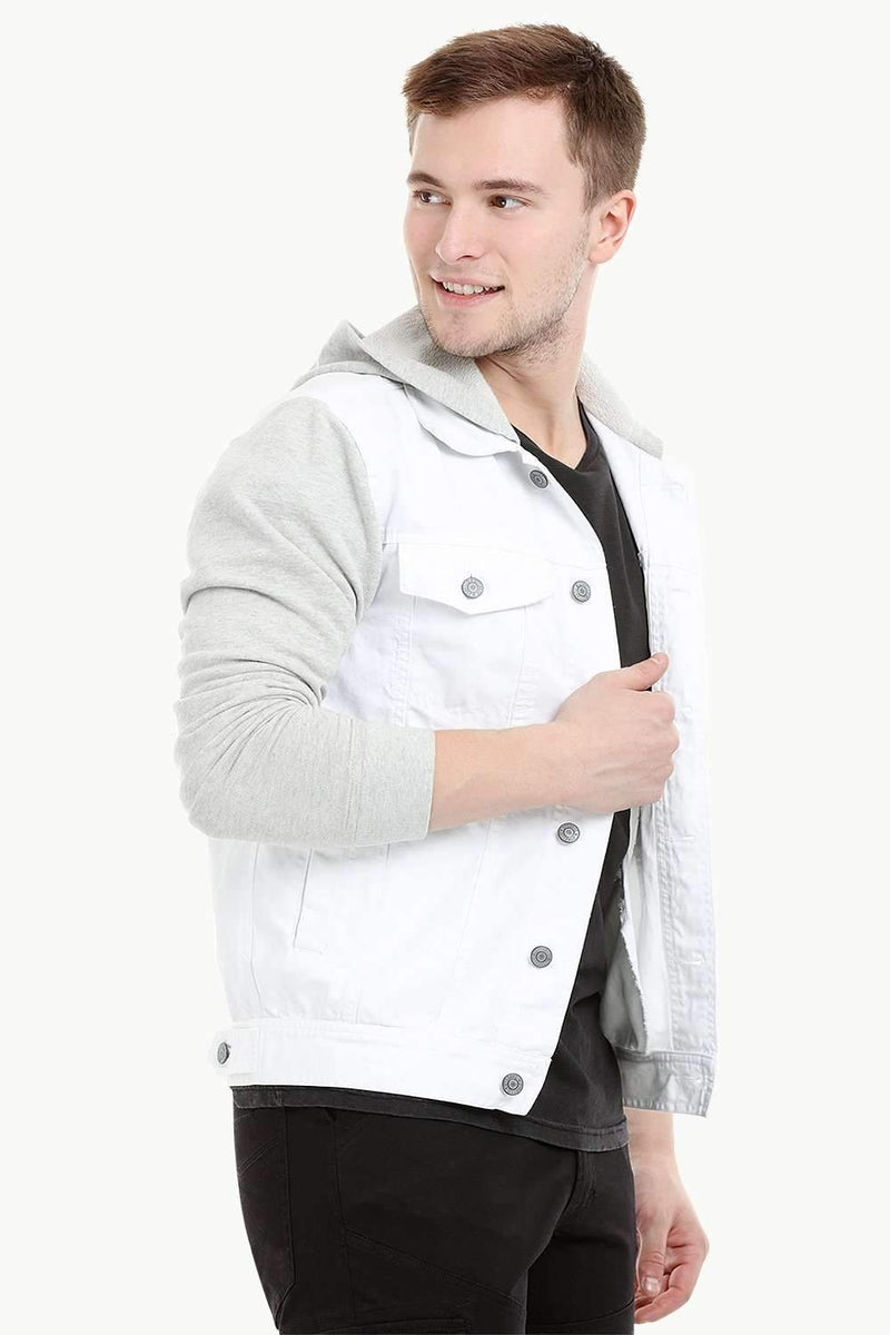 Men's Knit Sleeves Twill Denim Hood Jacket